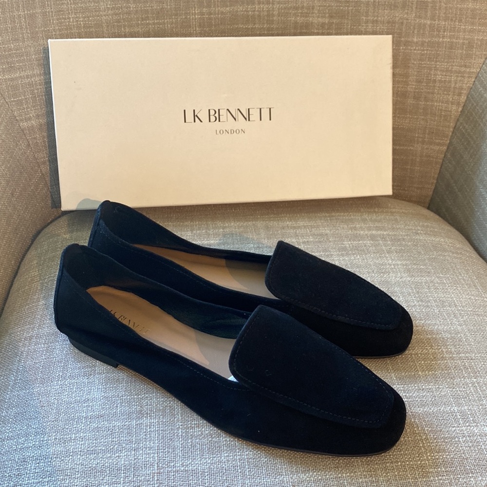 LK BENNETT Tina Black Suede Loafers. Never worn. New with box and packaging